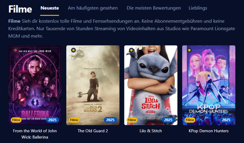 Bildschirmfoto der Oberflaeche von Einschalten die eine moderne Streaming Plattform mit Filmen und Serien zeigt